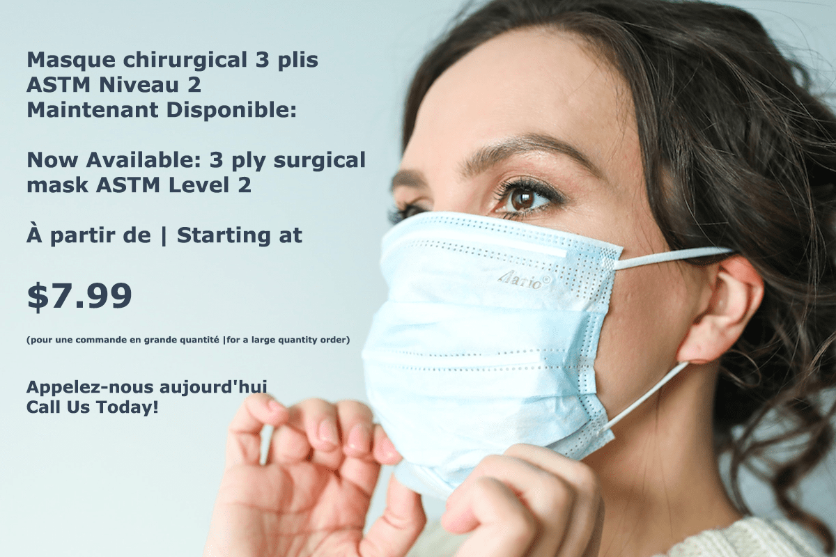 Maintenant disponible: Masques chirurgical 3 plis ASTM Niveau 2 | Now available: 3 Ply surgical mask ASTM Level 2